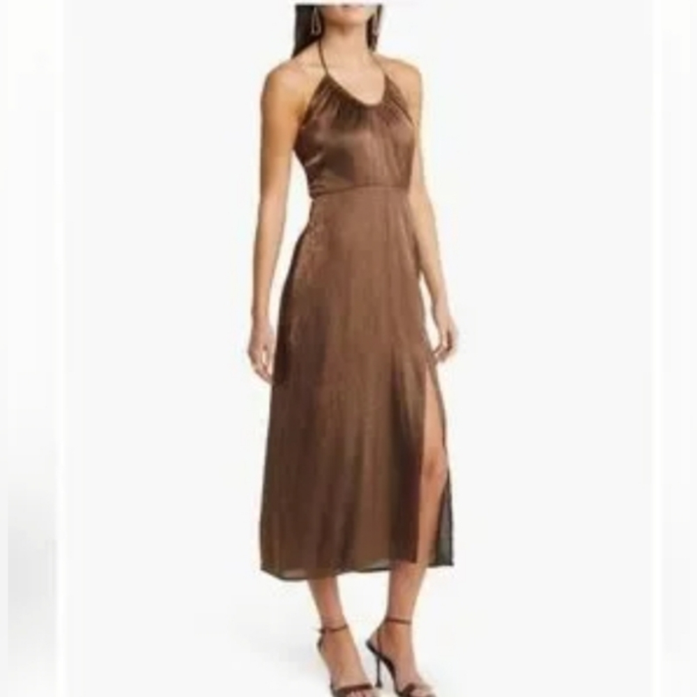 Satin Halter Midi Dress in Brown